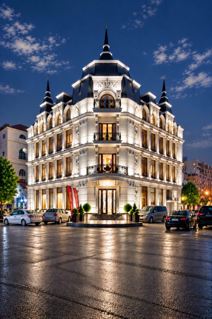 Exterior of Istanbul Gold Hotel Baku at night