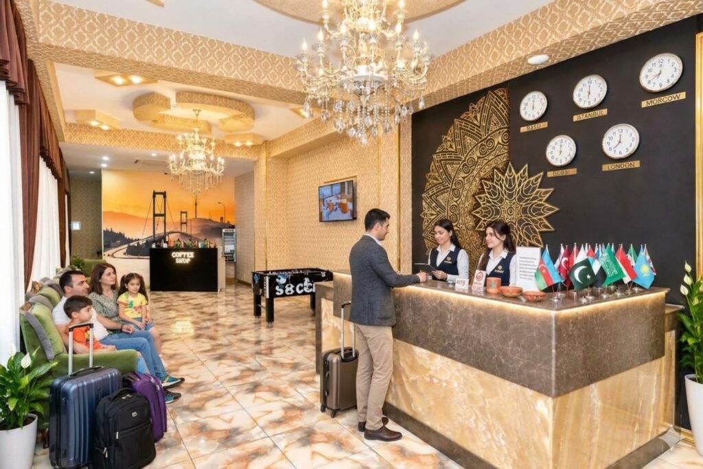 Guests arriving at reception at Istanbul Gold Hotel Baku
