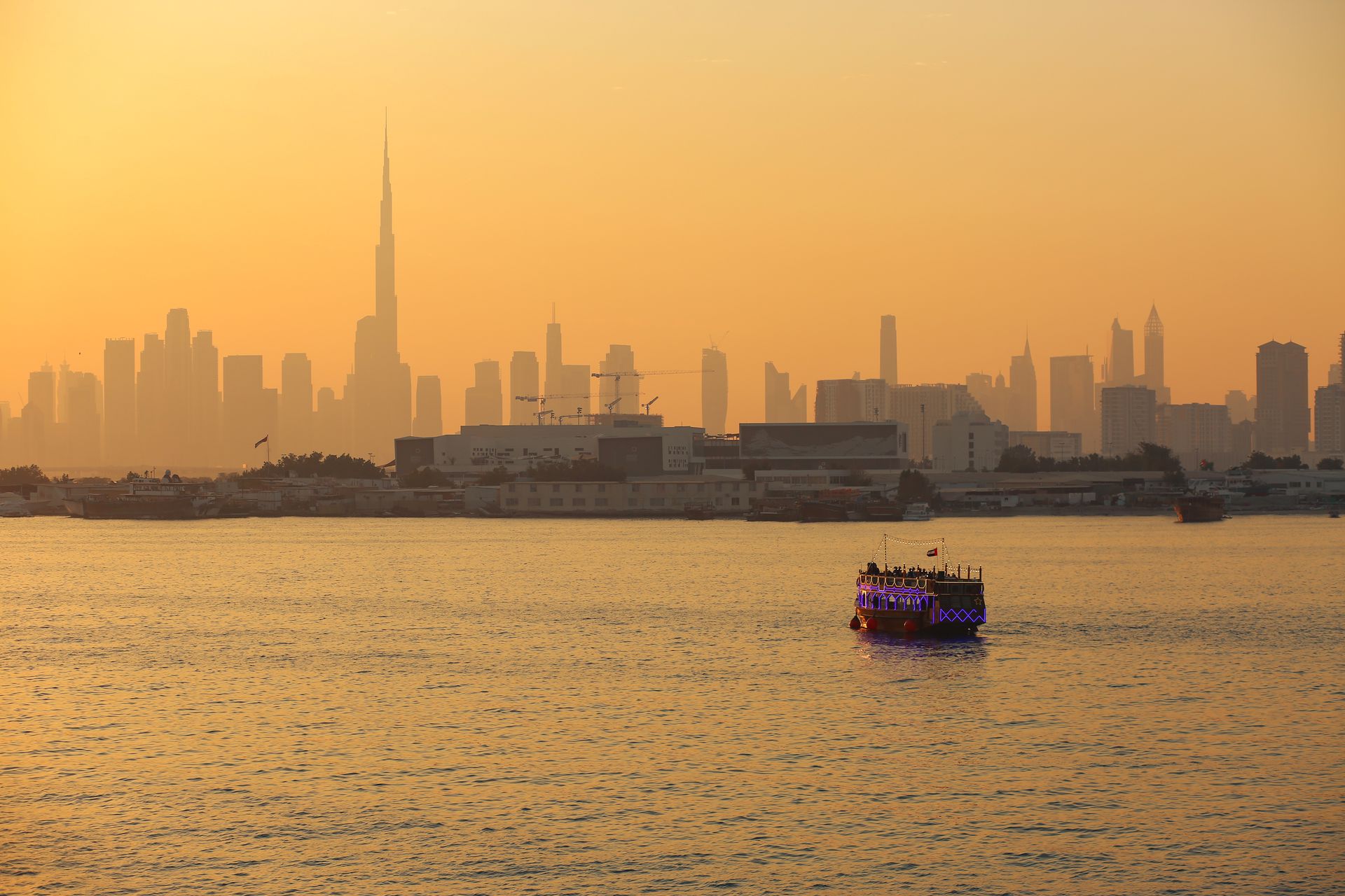The Dubai skyline at sunset