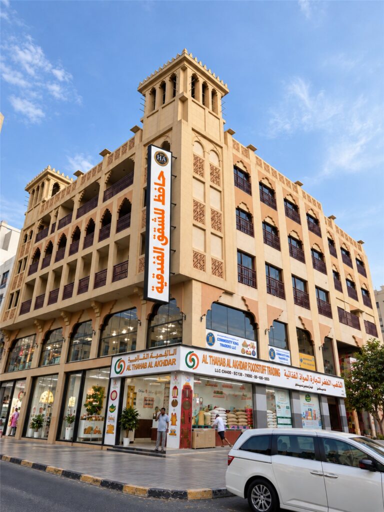Corner view of Hafez Hotel Apartments with its wind towers