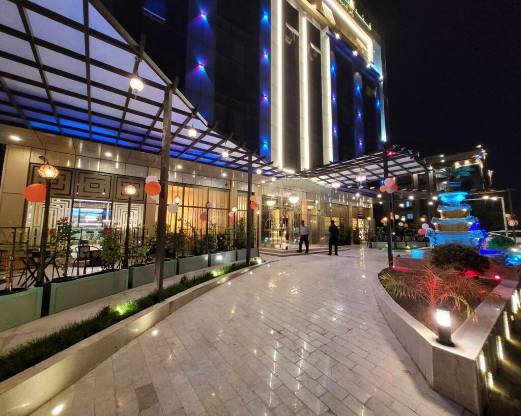Entrance terrace of Camphor Hotel at night